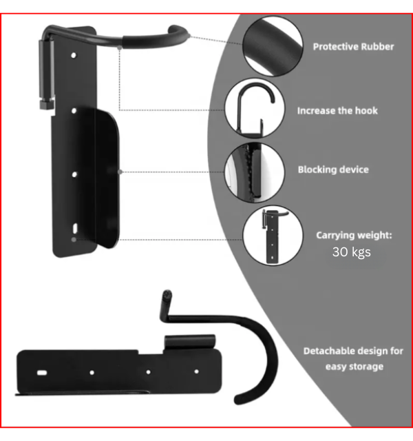 Bike Storage Hook with rear wheel plate - wall mounted, vertical hanging, swivels for more storage spece