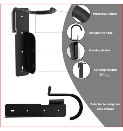 Bike Storage Hook with rear wheel plate - wall mounted, vertical hanging, swivels for more storage spece