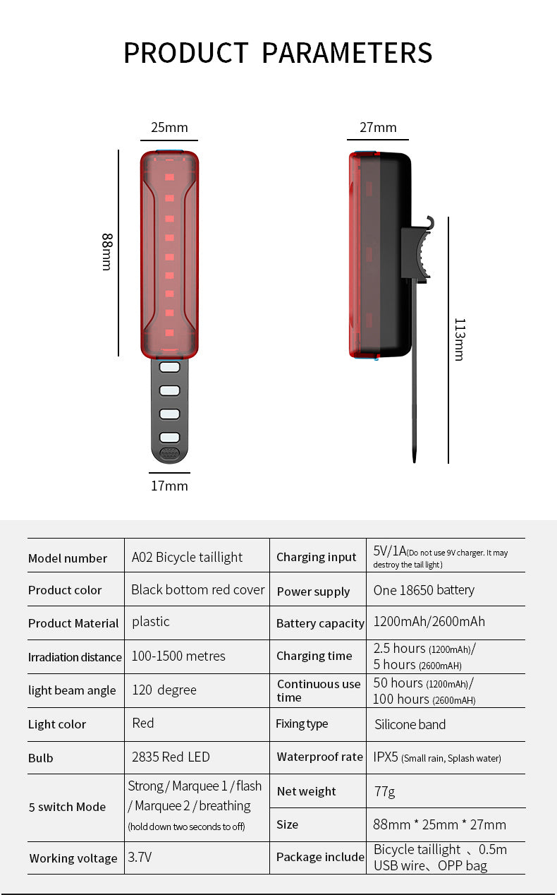 Bike Light Rear - 100 Lumen Rechargeable